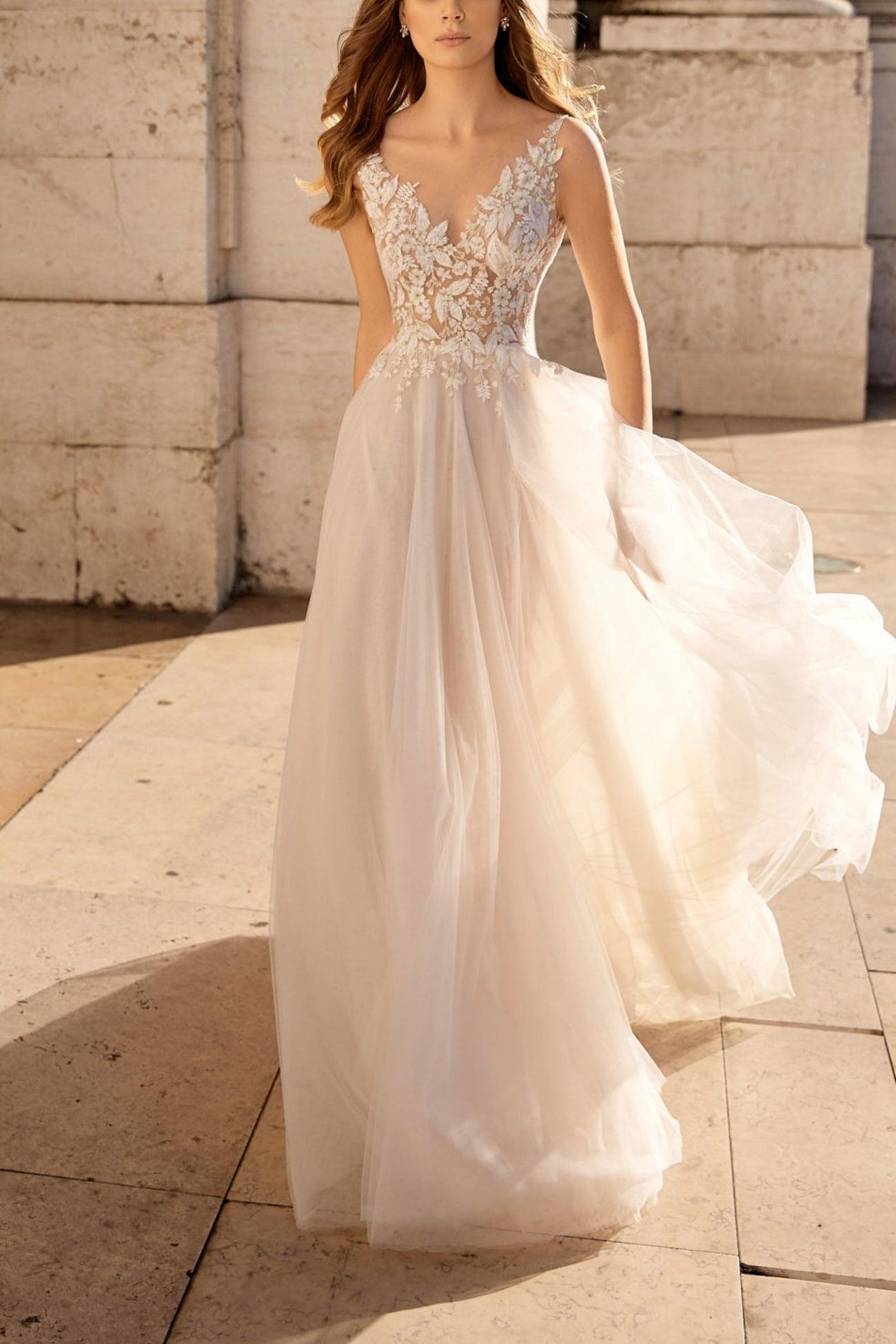 A-Line Sweep-Brush Train Lace Tulle Wedding Dress CW3108 - 25 Days / As Picture:Ivory/Nude / US0-UK2-EUR30 - COCOMELODY
